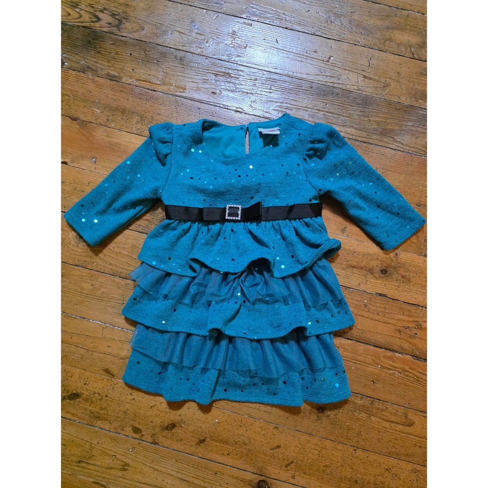 Youngland Bambin Girls 4T Teal Blue Sequin Tiered Ruffle Party Dress Rhinestone